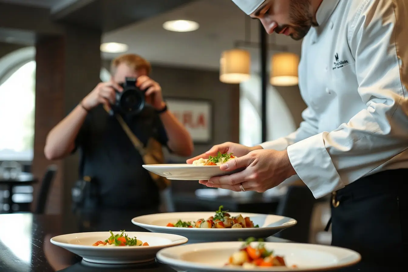 Chef plating a dish as a videographer captures a close-up